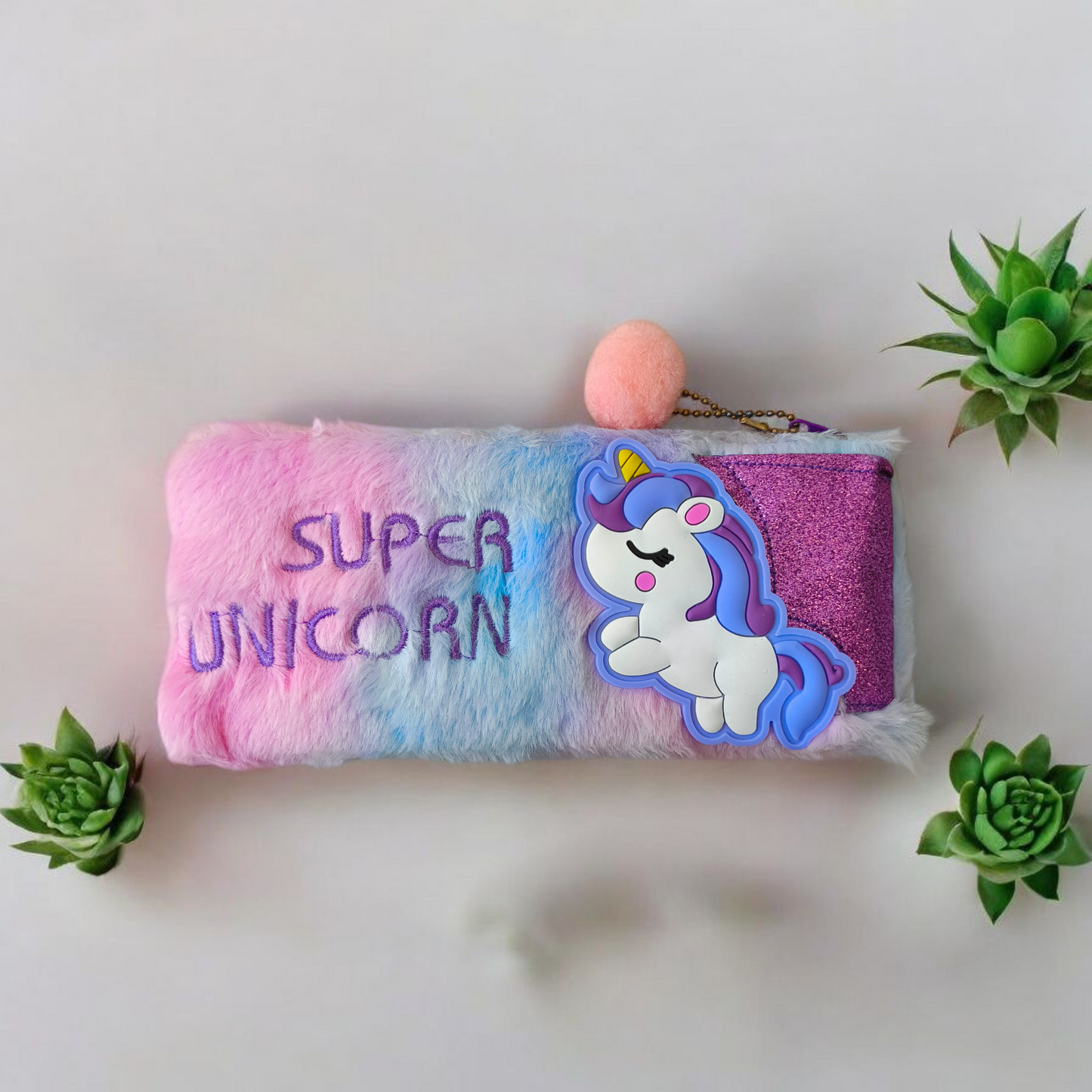 Furry Gradient Pencil Pouch – Soft Plush Case with Embroidery