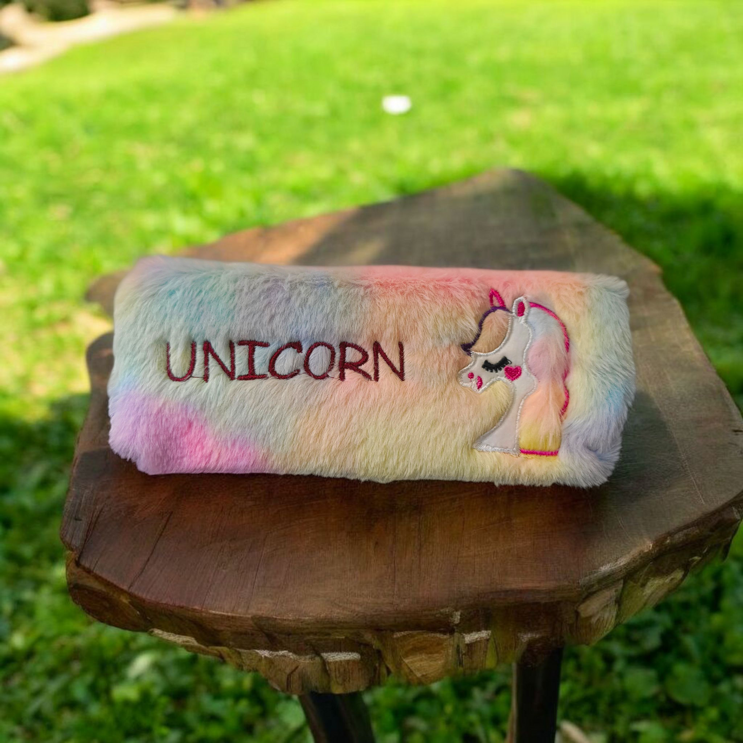Furry Gradient Pencil Pouch – Soft Plush Case with Embroidery