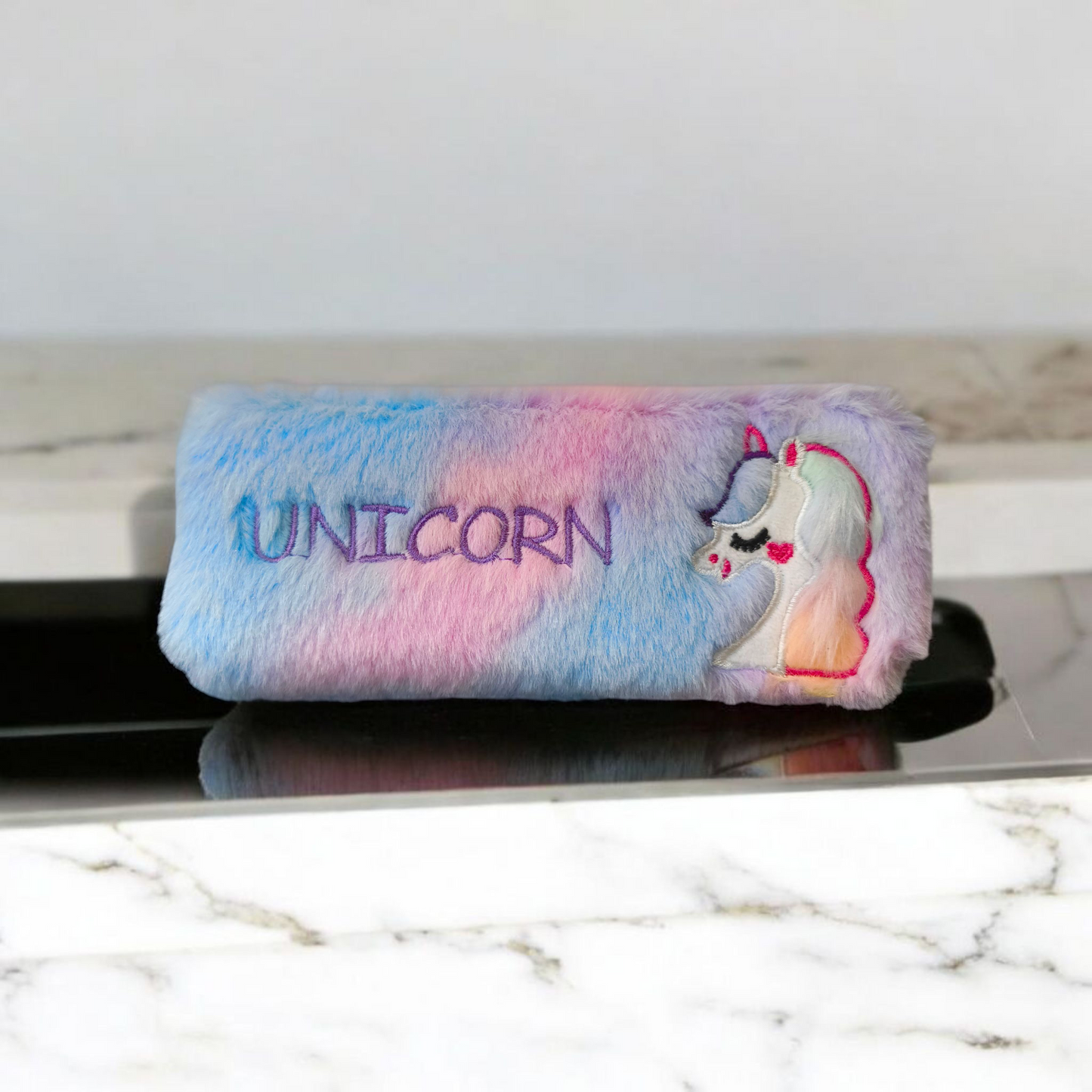 Furry Gradient Pencil Pouch – Soft Plush Case with Embroidery
