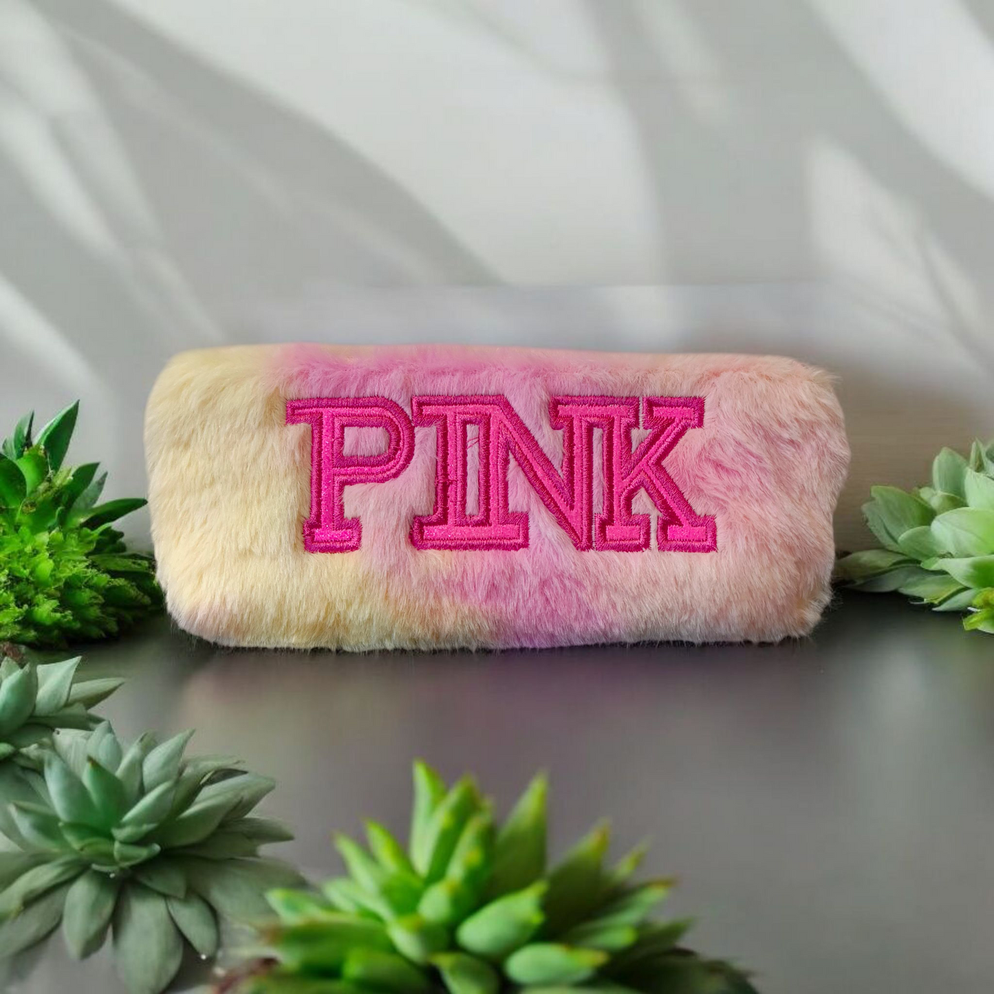 Furry Gradient Pencil Pouch – Soft Plush Case with Embroidery