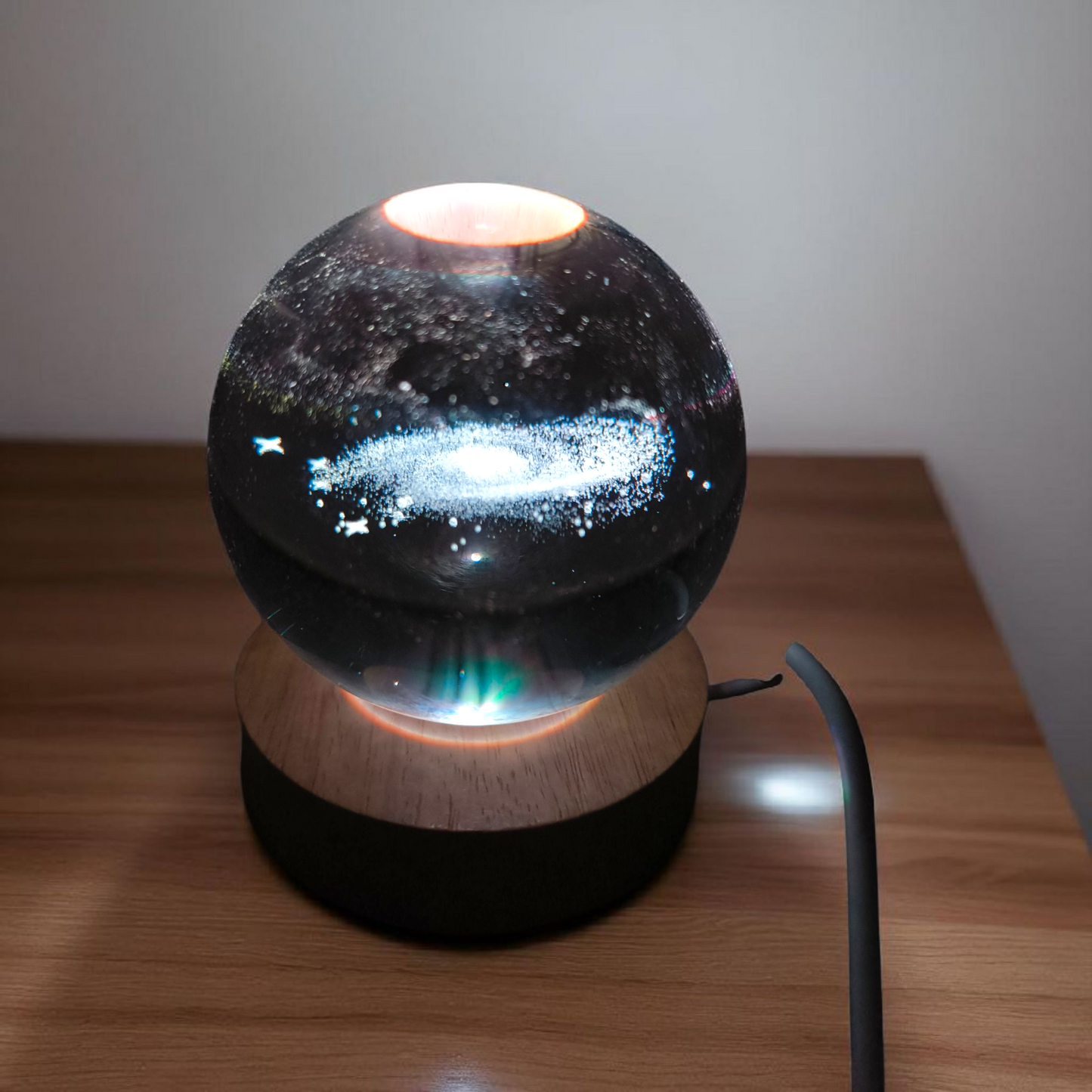 3D Crystal Galaxy Night Lamp – LED Illuminated Orb with Wooden Base