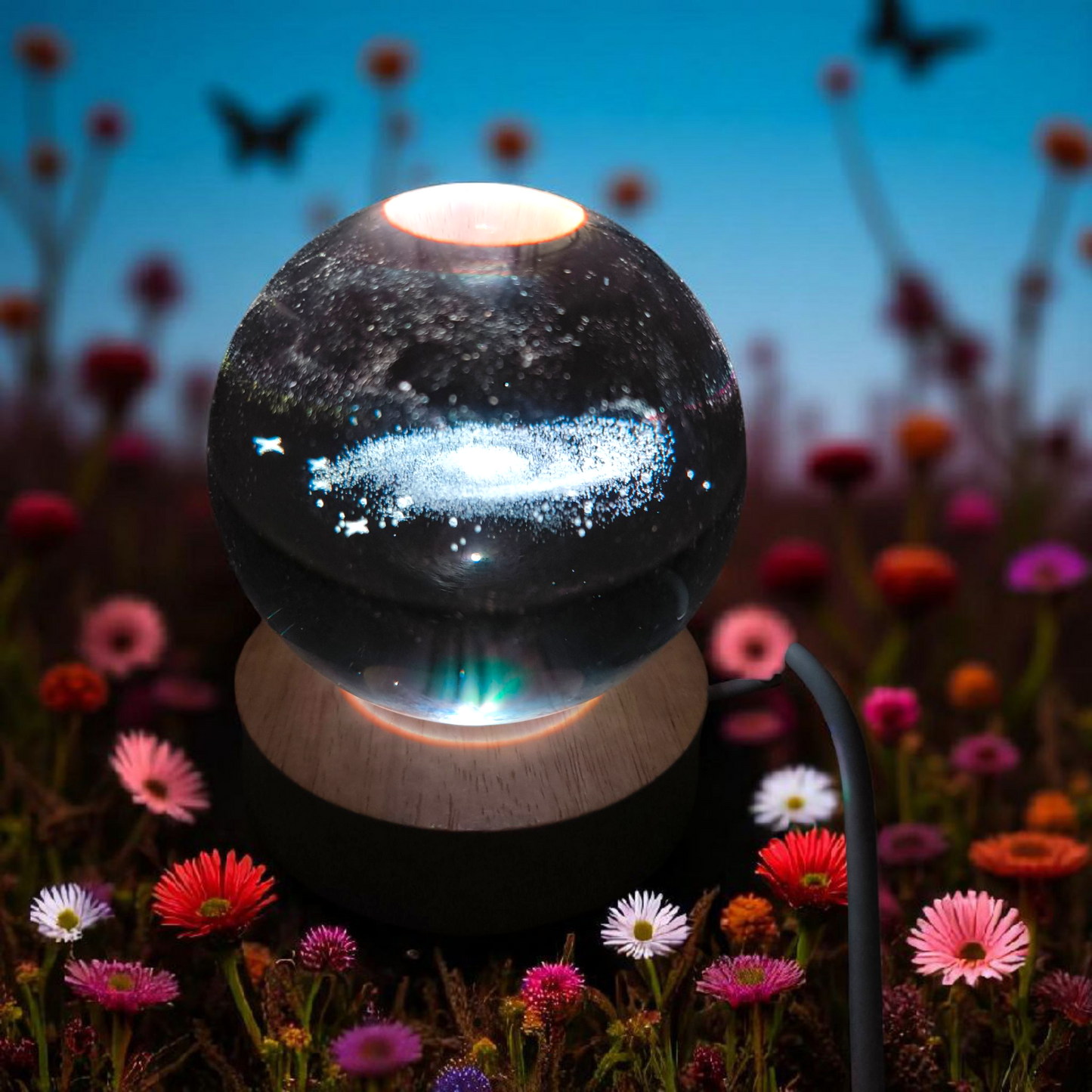 3D Crystal Galaxy Night Lamp – LED Illuminated Orb with Wooden Base