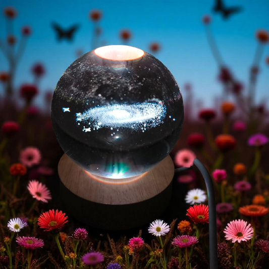 3D Crystal Galaxy Night Lamp – LED Illuminated Orb with Wooden Base