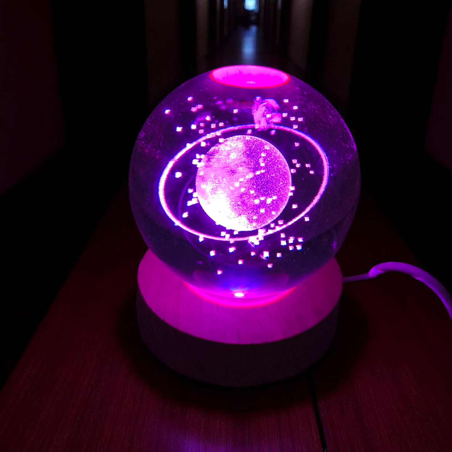 3D Crystal Galaxy Night Lamp – LED Illuminated Orb with Wooden Base