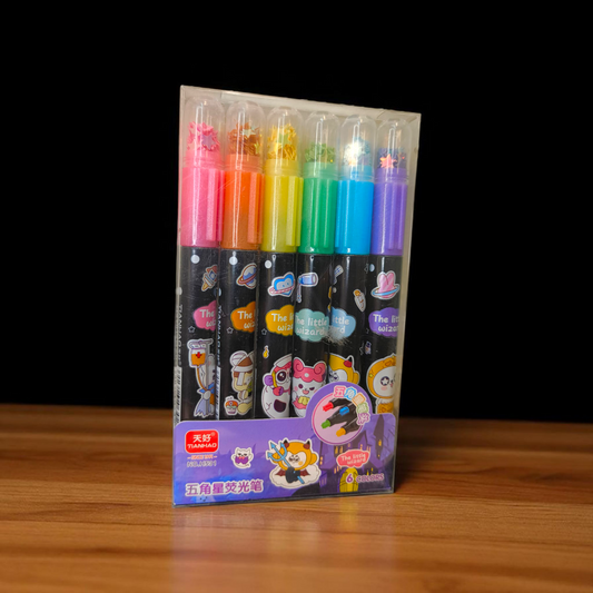 Star-Tip Neon Highlighter Pens – Set of 6 Vibrant Colors