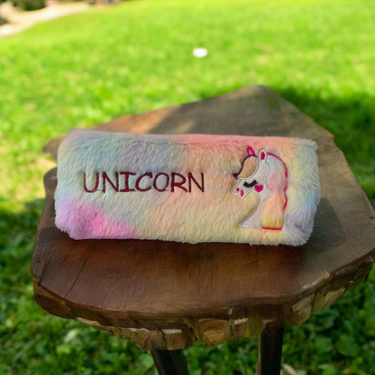 Furry Gradient Pencil Pouch – Soft Plush Case with Embroidery