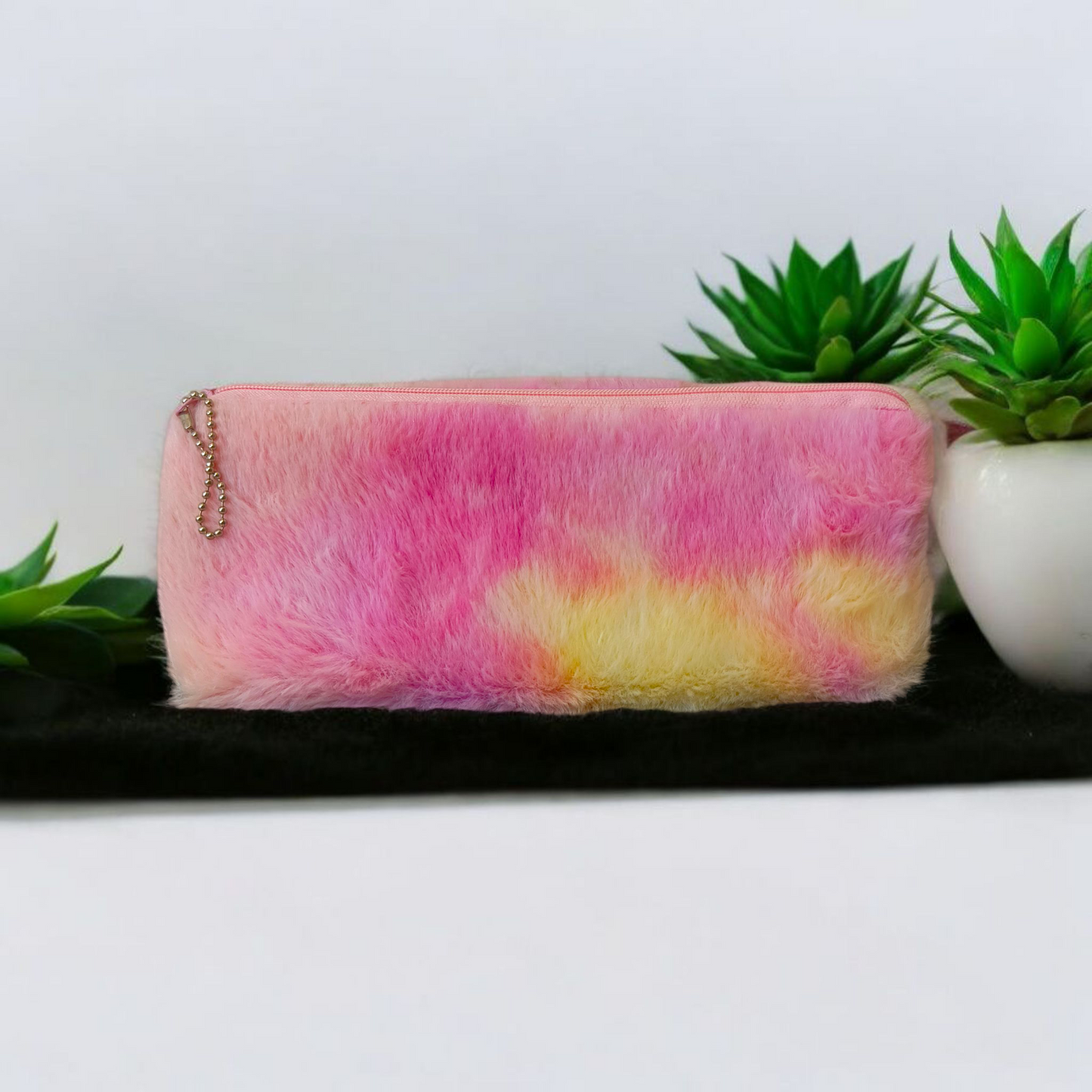 Furry Gradient Pencil Pouch – Soft Plush Case with Embroidery